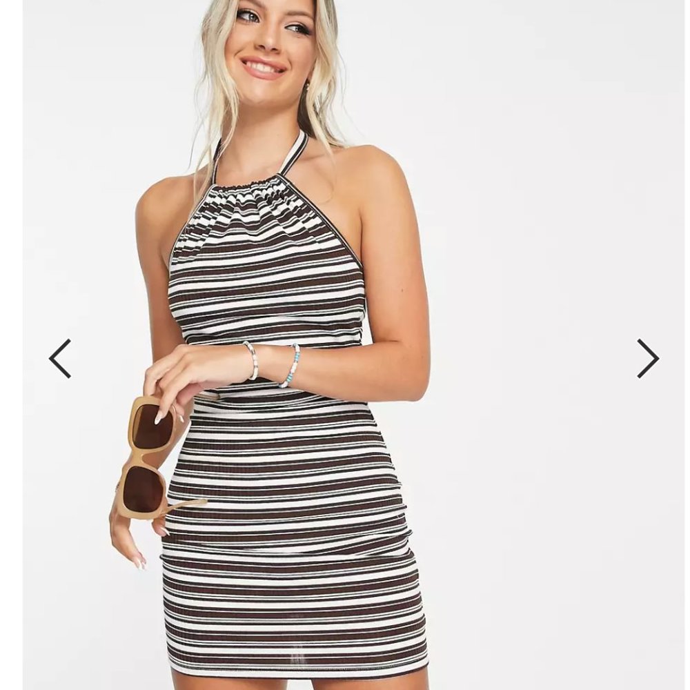 New Look stripe halter dress in brown